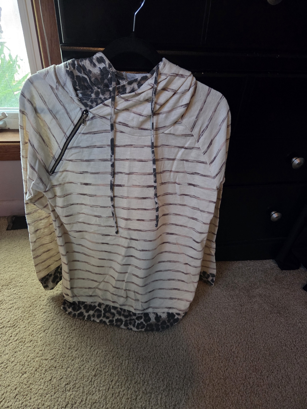 Striped Hoodie with Leopard Trim